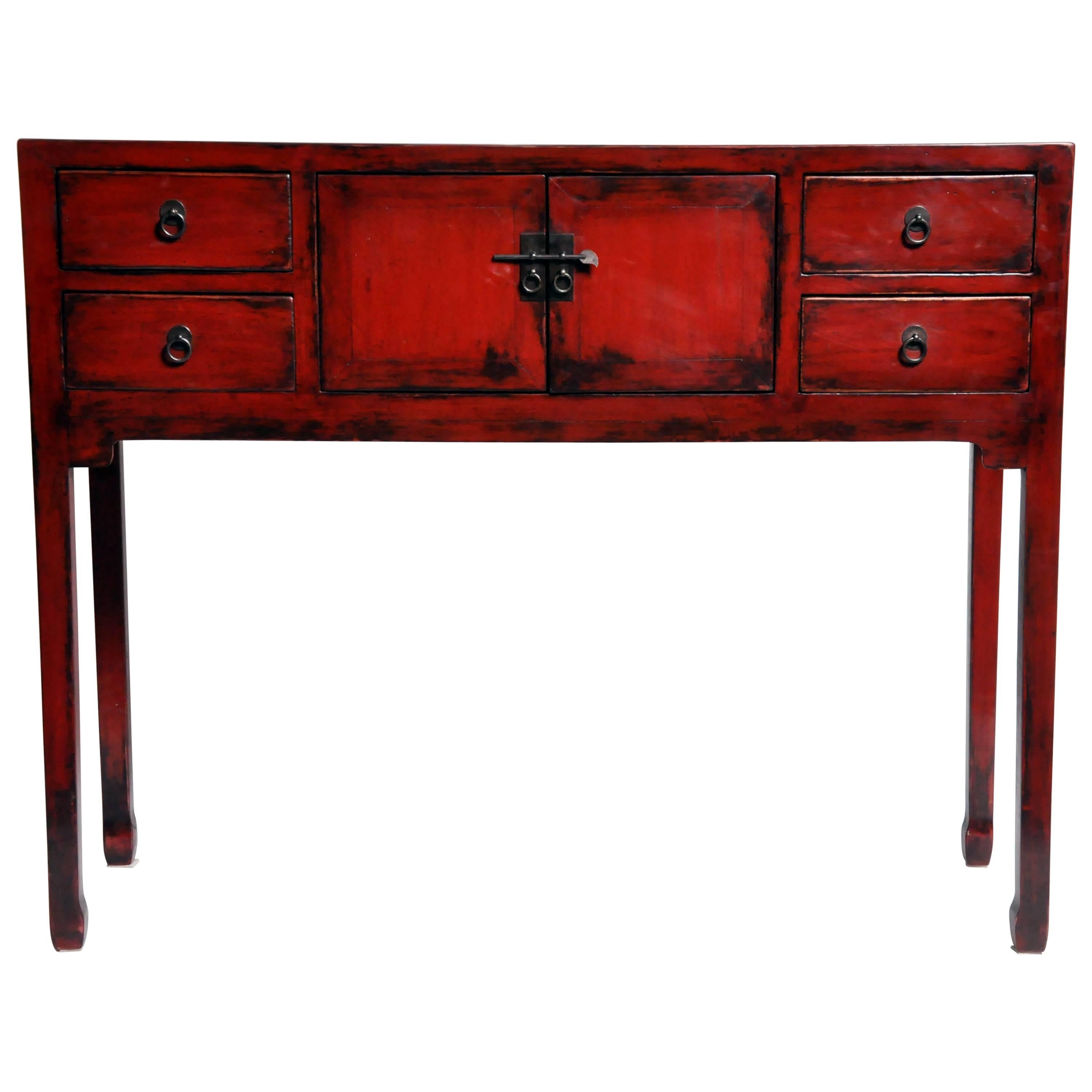 Red-Lacquered Chinese Console Table with Four Drawers