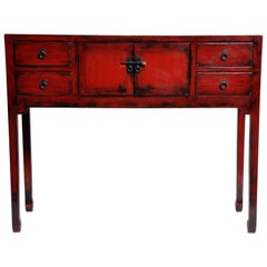 Red-Lacquered Chinese Console Table with Four Drawers