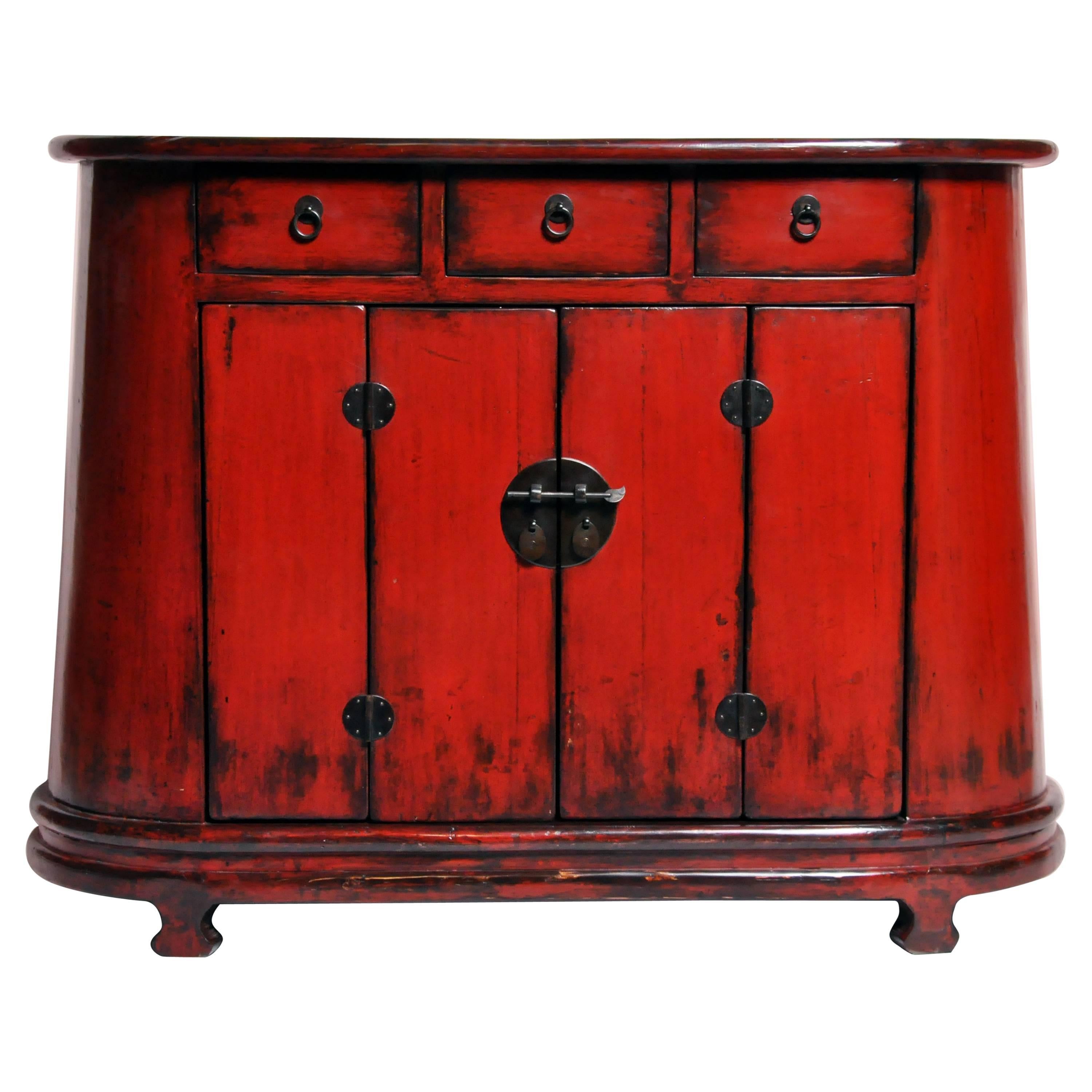 Red-Lacquered Chinese Oval Chest with Three Drawers and a Shelf