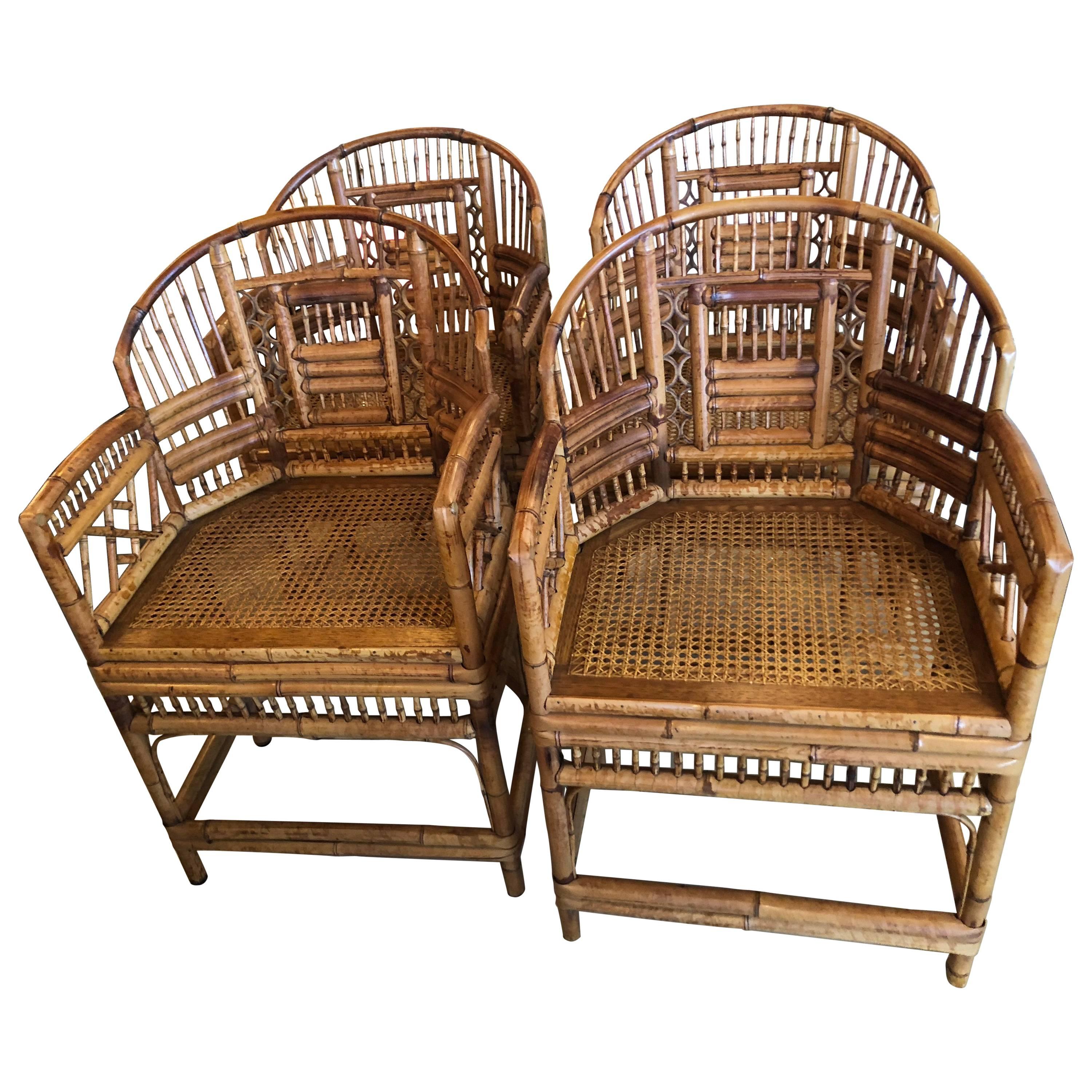Set of Four Rattan Bamboo Brighton Arm Dining Chairs Chinese Chippendale 