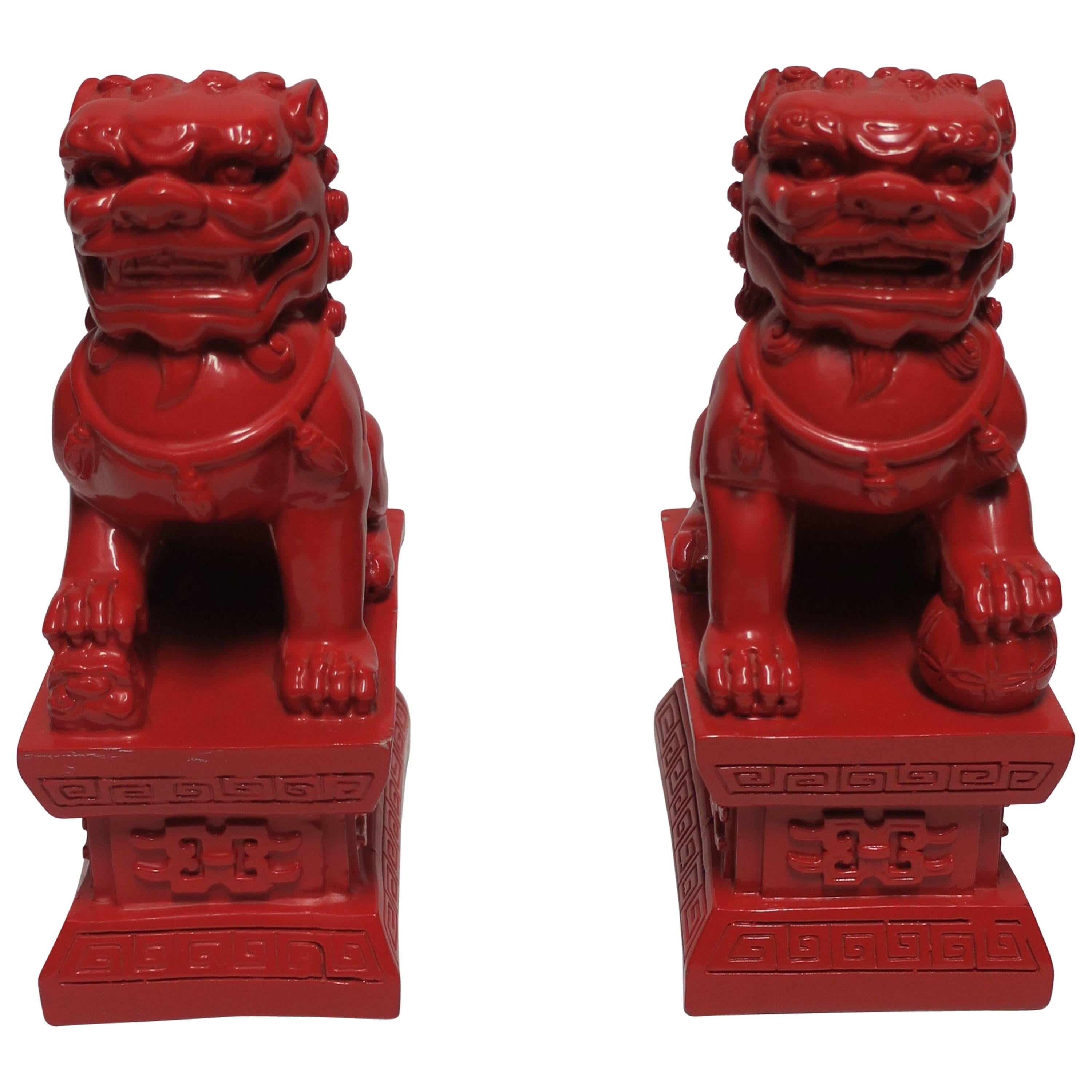 Pair of Red Foo Dogs or Lions Bookends or Decorative Objects