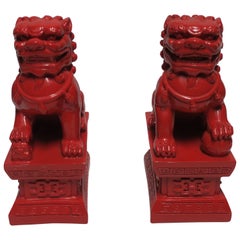 Pair of Red Foo Dogs or Lions Bookends or Decorative Objects