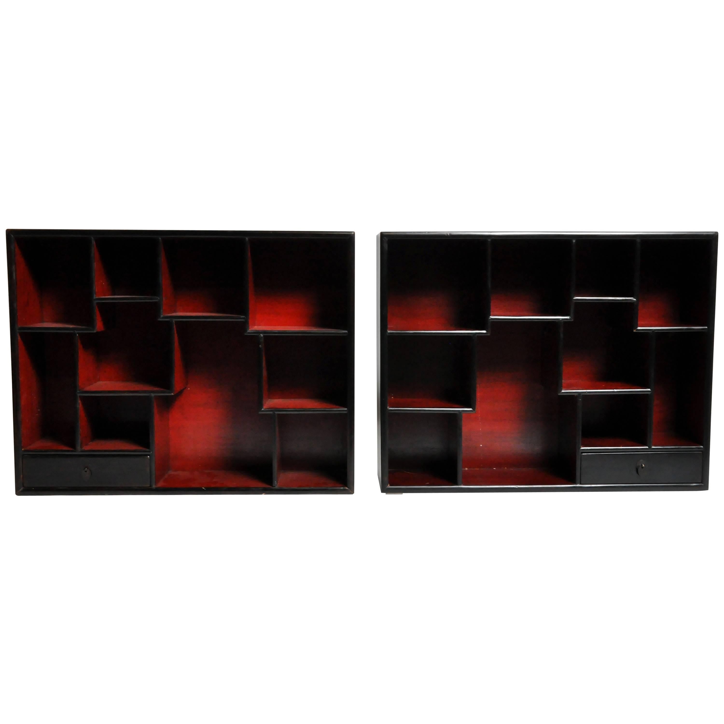 Pair of Lacquered Chinese Book Shelf Cabinets with One Drawer