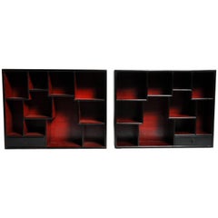 Pair of Lacquered Chinese Book Shelf Cabinets with One Drawer