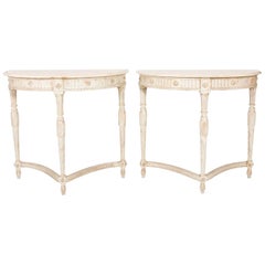 Antique Pair of French Louis XV Style Marble Top Demilune Consoles