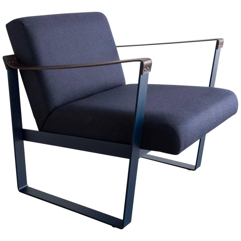 Strap Lounge Chair, Blue Powder Coated Steel, Leather, Navy Cotton