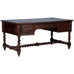 Superb Hand Carved Antique Oak  Desk With Leather Top