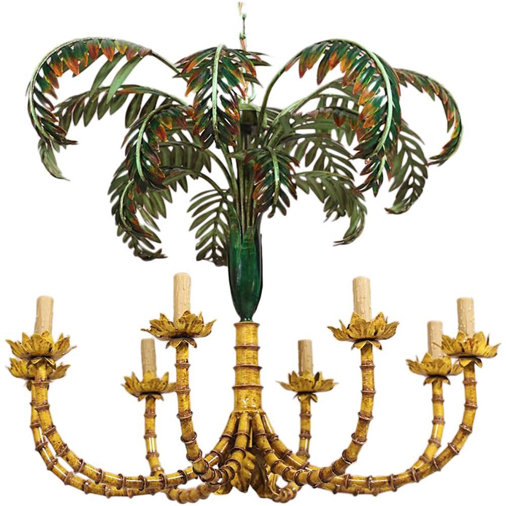 Monumental French Faux Bamboo and Palm Chandelier