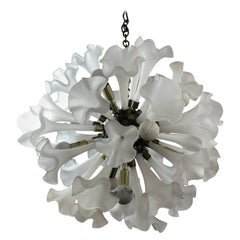 Murano Style Italian Sputnik Orb Round Brass & Glass Lily Flower Chandelier 