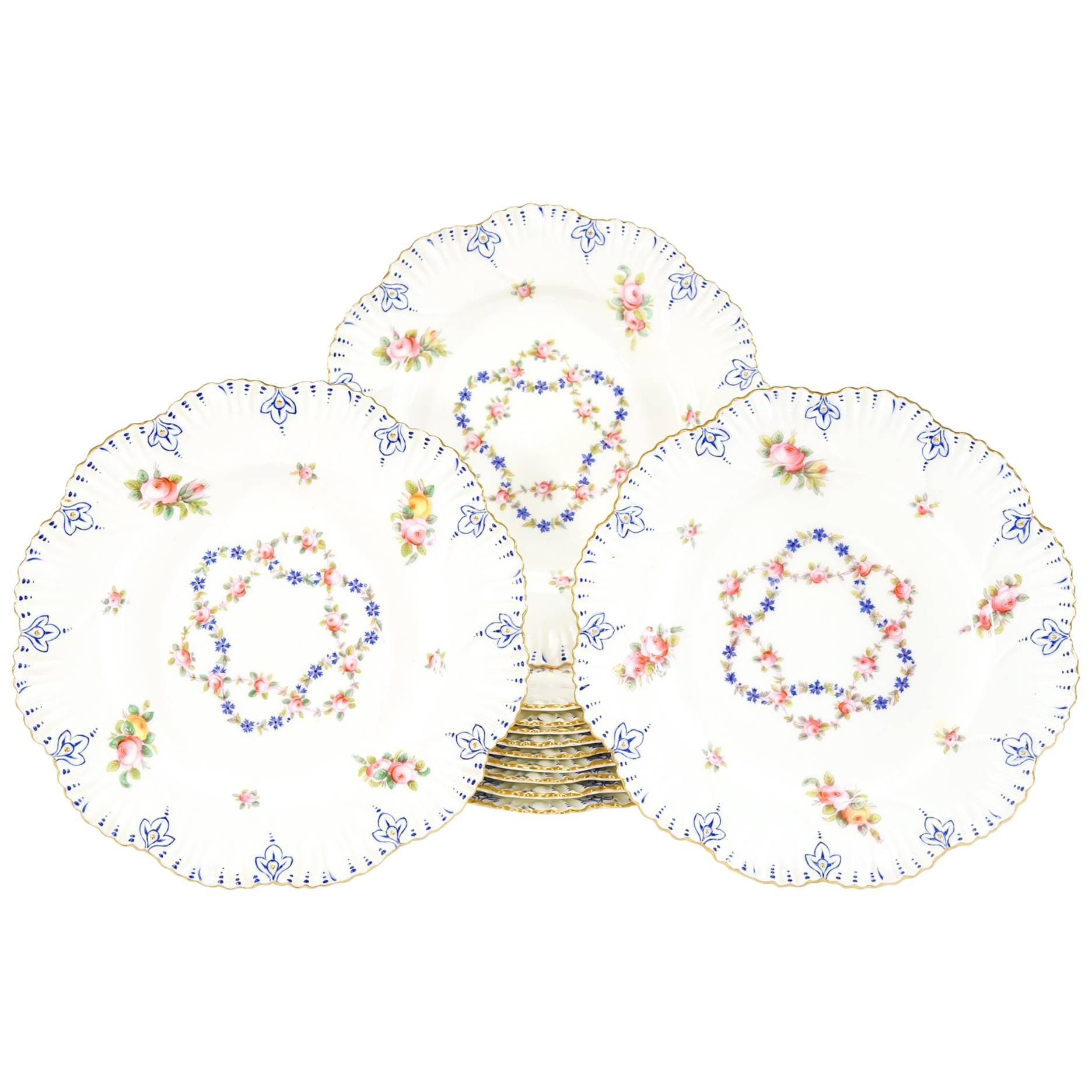 Set of 12 Coalport White Shaped Rim Dinner Plates with Handpainted Roses For Sale