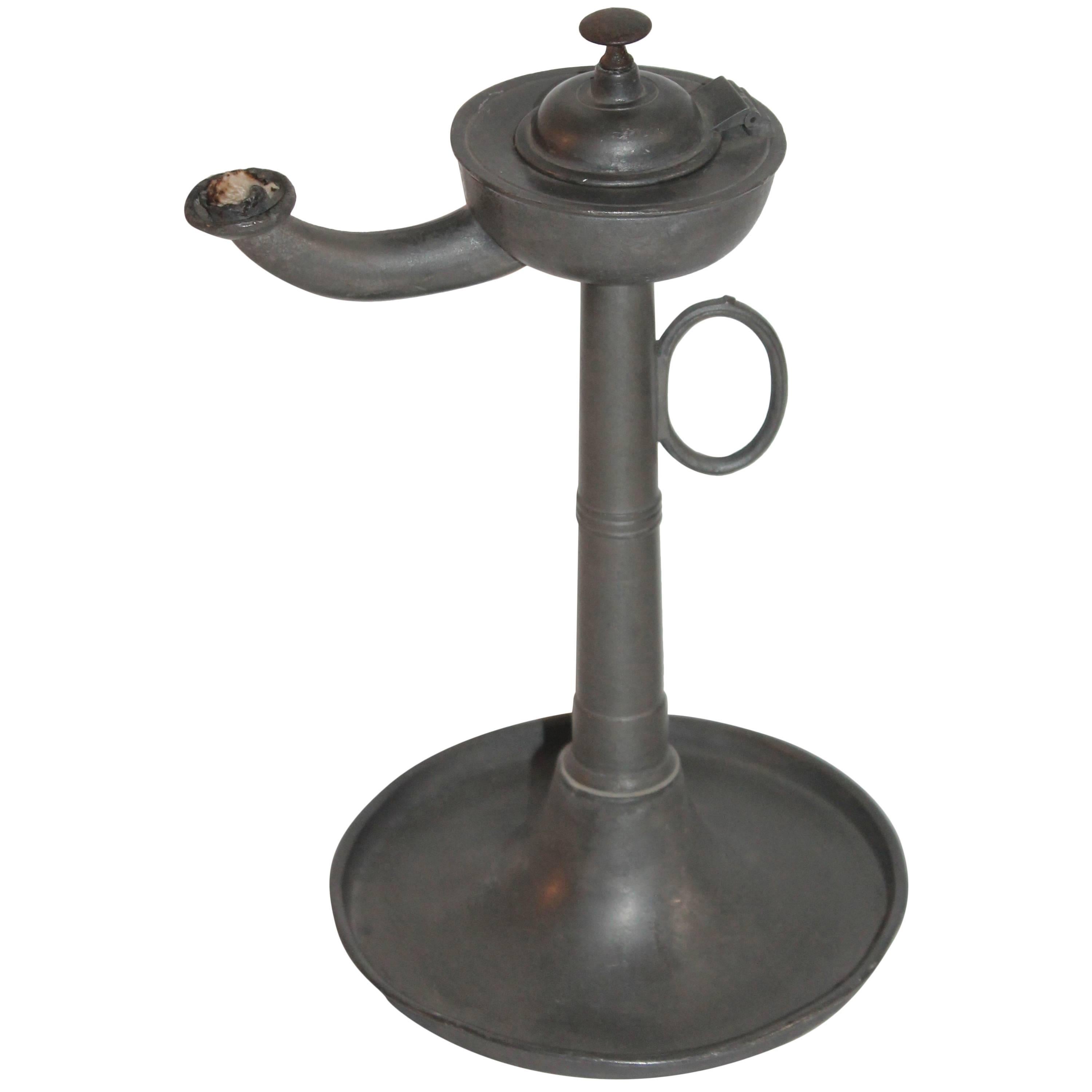 19th Century Pewter Betty Lamp in Trumpet Form