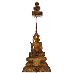 Gold Gilt Bronze Thai Statue of Meditating Buddha