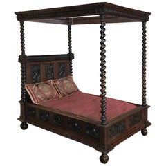 Antique 19th Century French Renaissance Four Poster Hand Carved Oak Canopy Bed