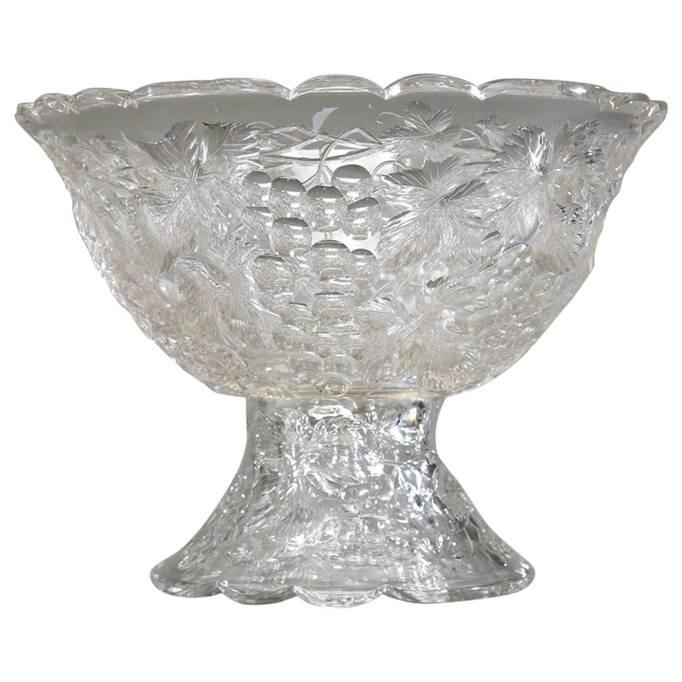 Hand Blown 2 Piece Intaglio Cut Crystal Punch Bowl with Grape Vine Pattern For Sale