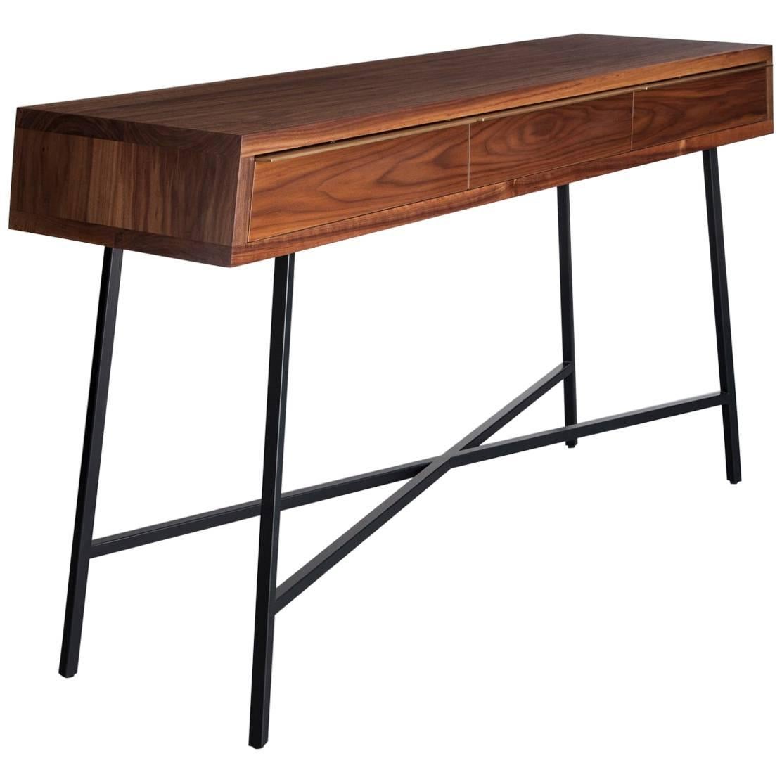 Tzoid Console, Pier Table, Black / Grey Powder Coated Steel, Walnut, Brass