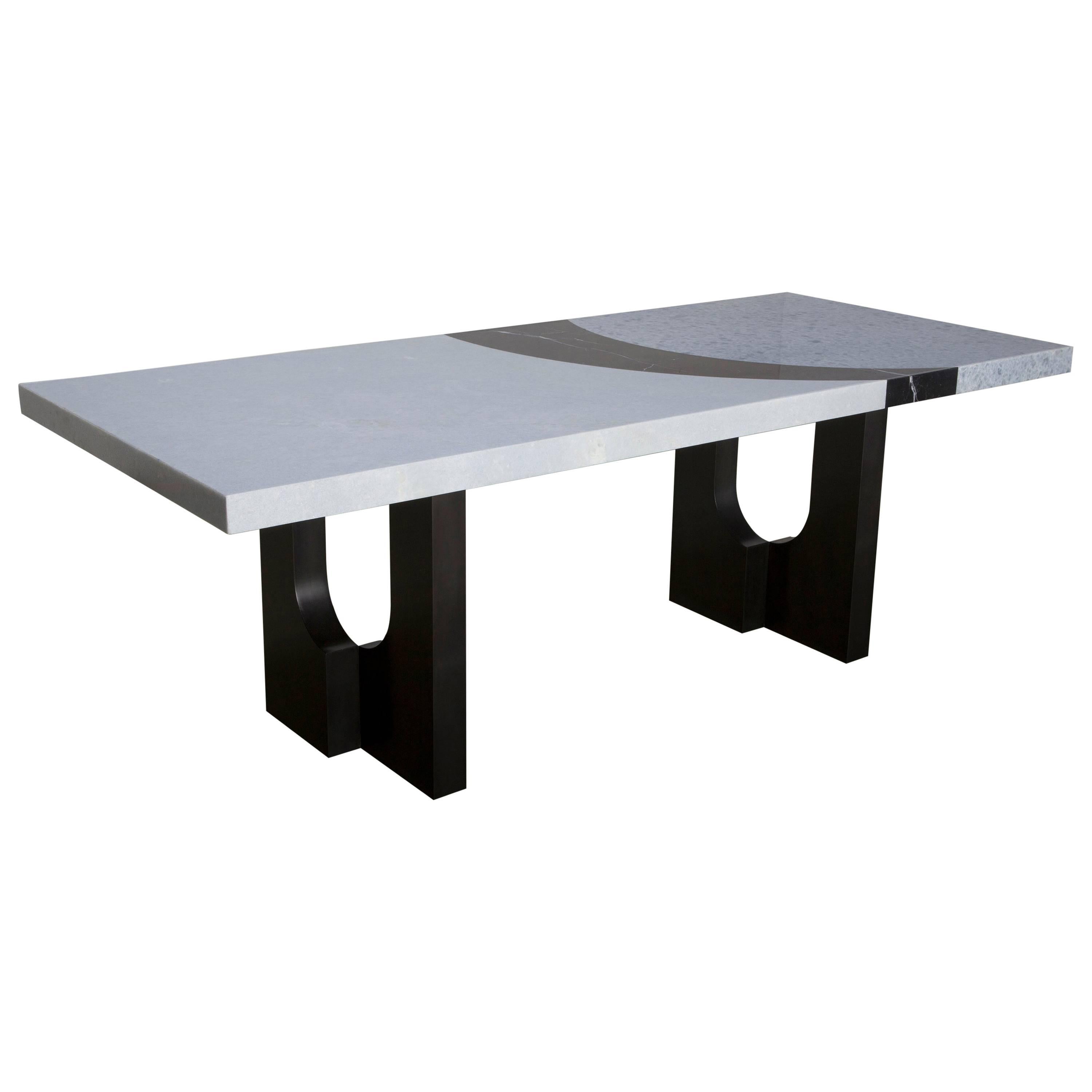 Geo Dining Table in Contemporary Blackened Steel and Marble For Sale