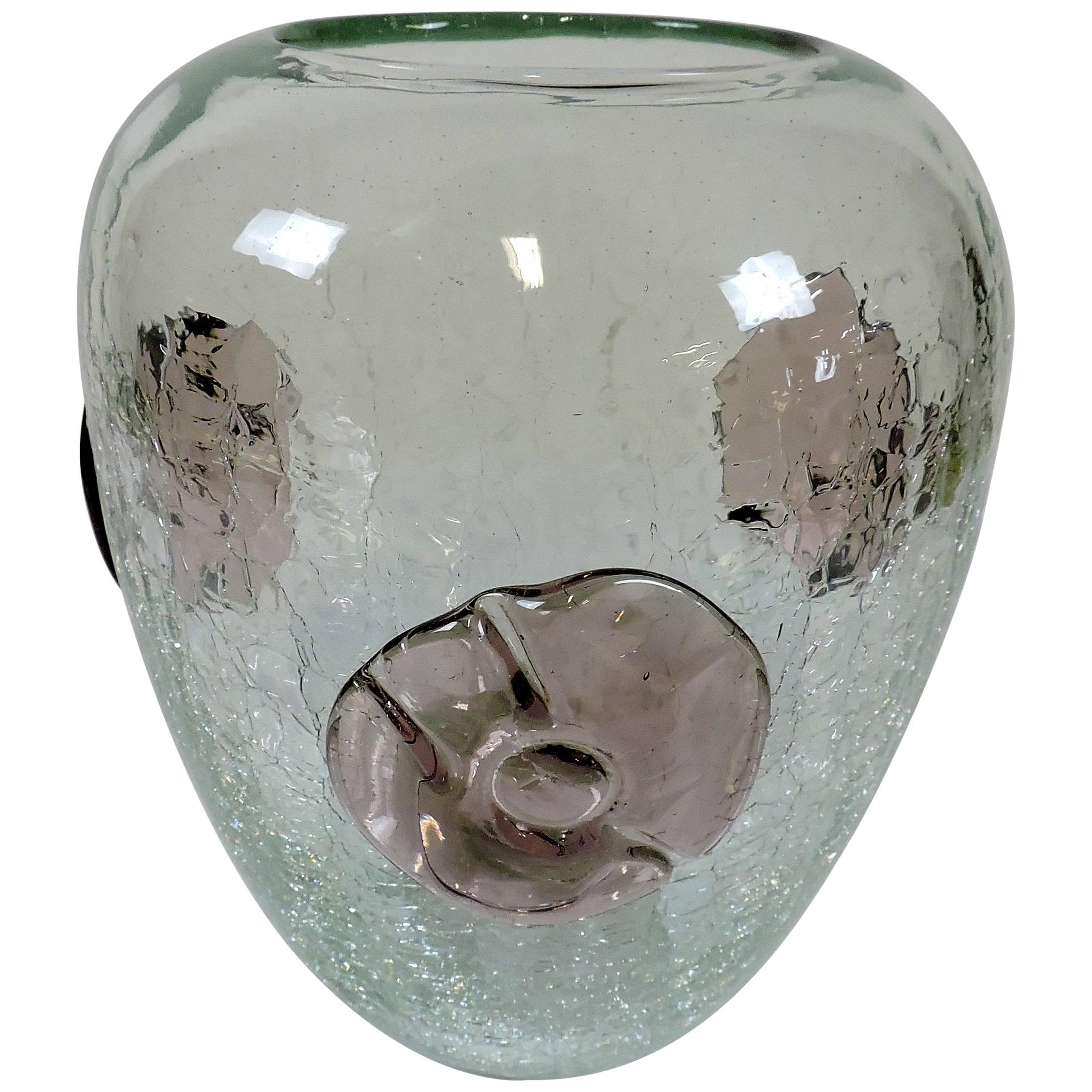 Large Blenko Crackle Glass Vase with Applied Flowers