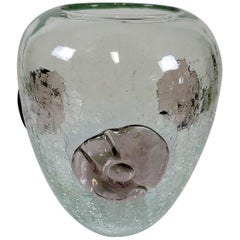 Vintage Large Blenko Crackle Glass Vase with Applied Flowers