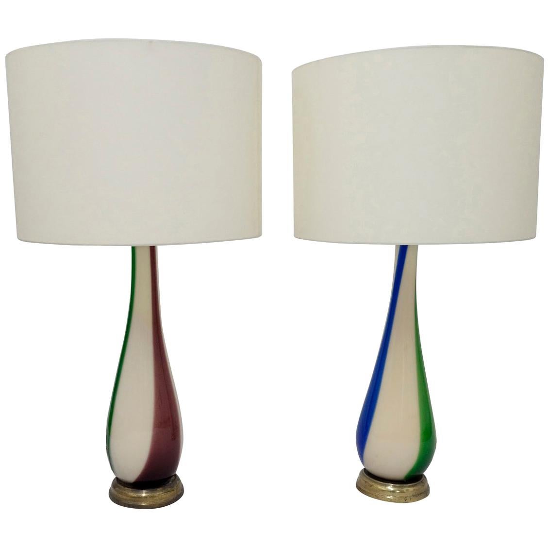 Pair of Striped Murano Table Lamps for Venini For Sale