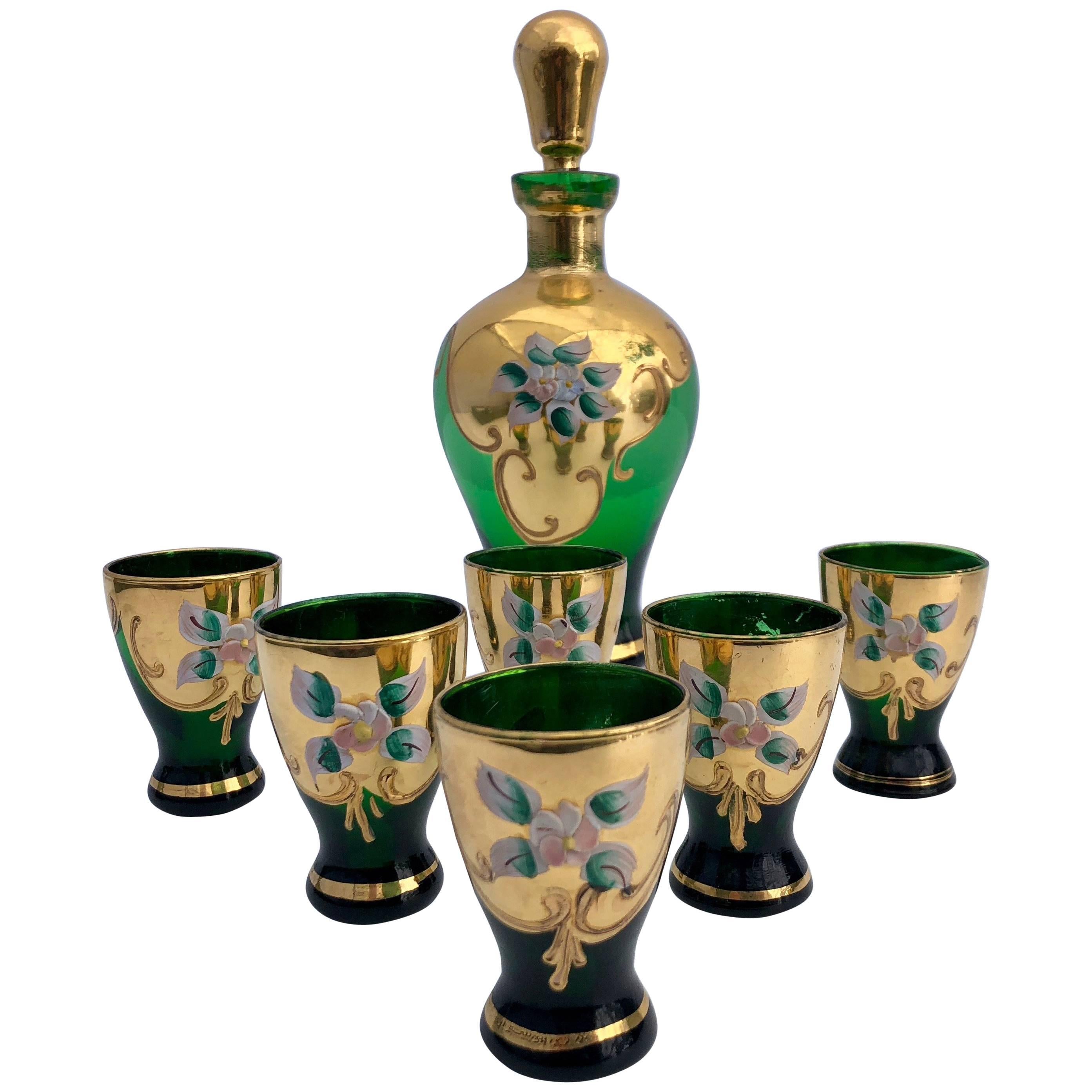 French Lorraine Handblown, Hand-Painted Enameled Liquor Set, Late 1800s For Sale