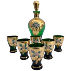 French Lorraine Handblown, Hand-Painted Enameled Liquor Set, Late 1800s