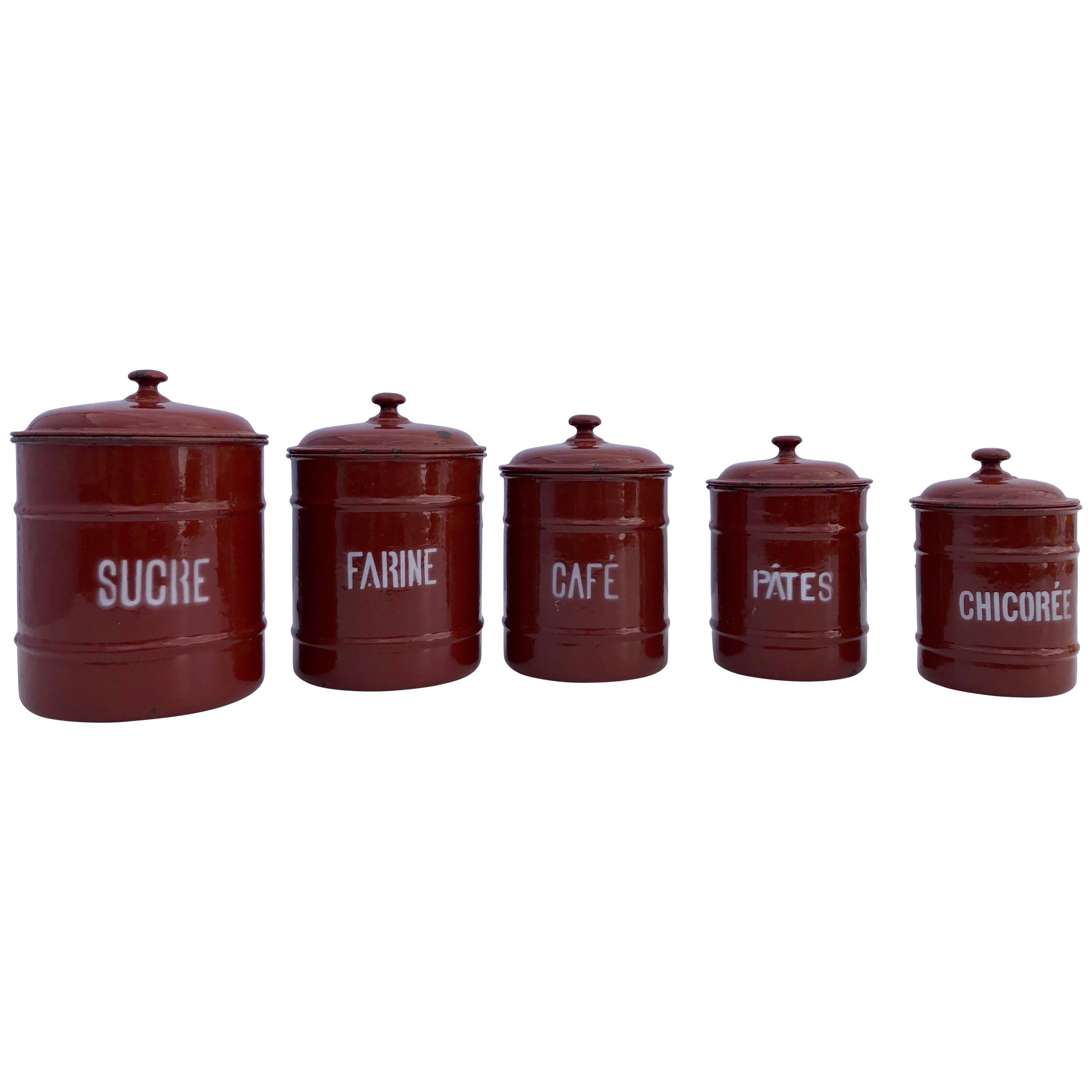 French Enamelware Cannister Set of Five with Lids in Brown Color, Mid-1900s For Sale