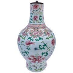 Pink/Green Floral Design Faïence Chinese Vase Transformed into Lamp, Late 1800s