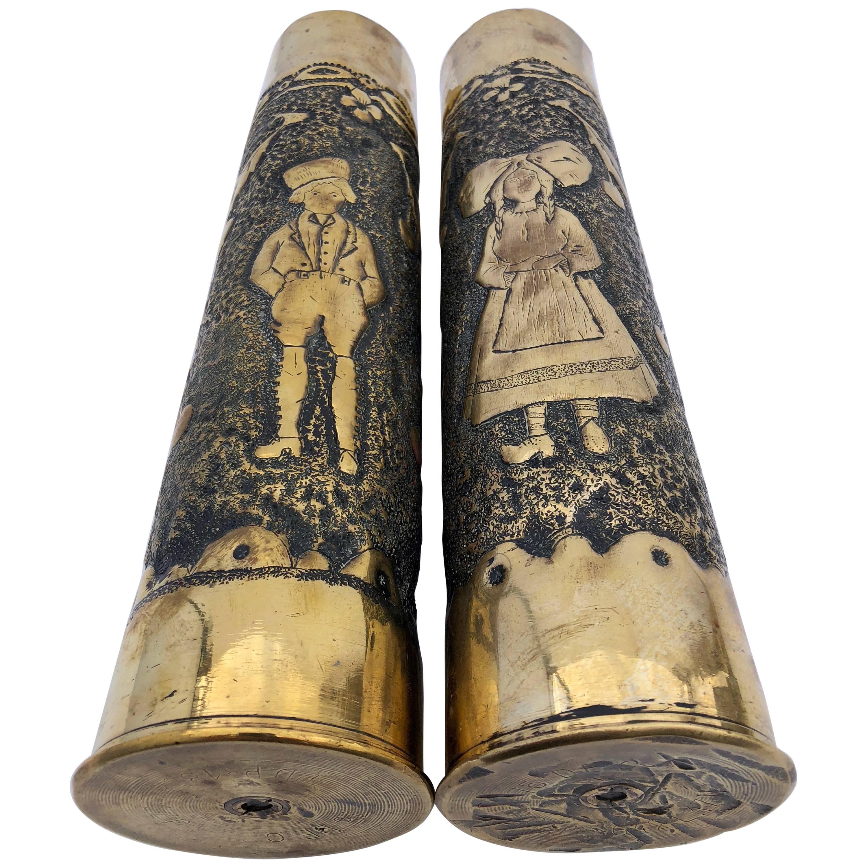 French First World War Trench Art Two Brass Mortar Shell Vases of a Young Couple