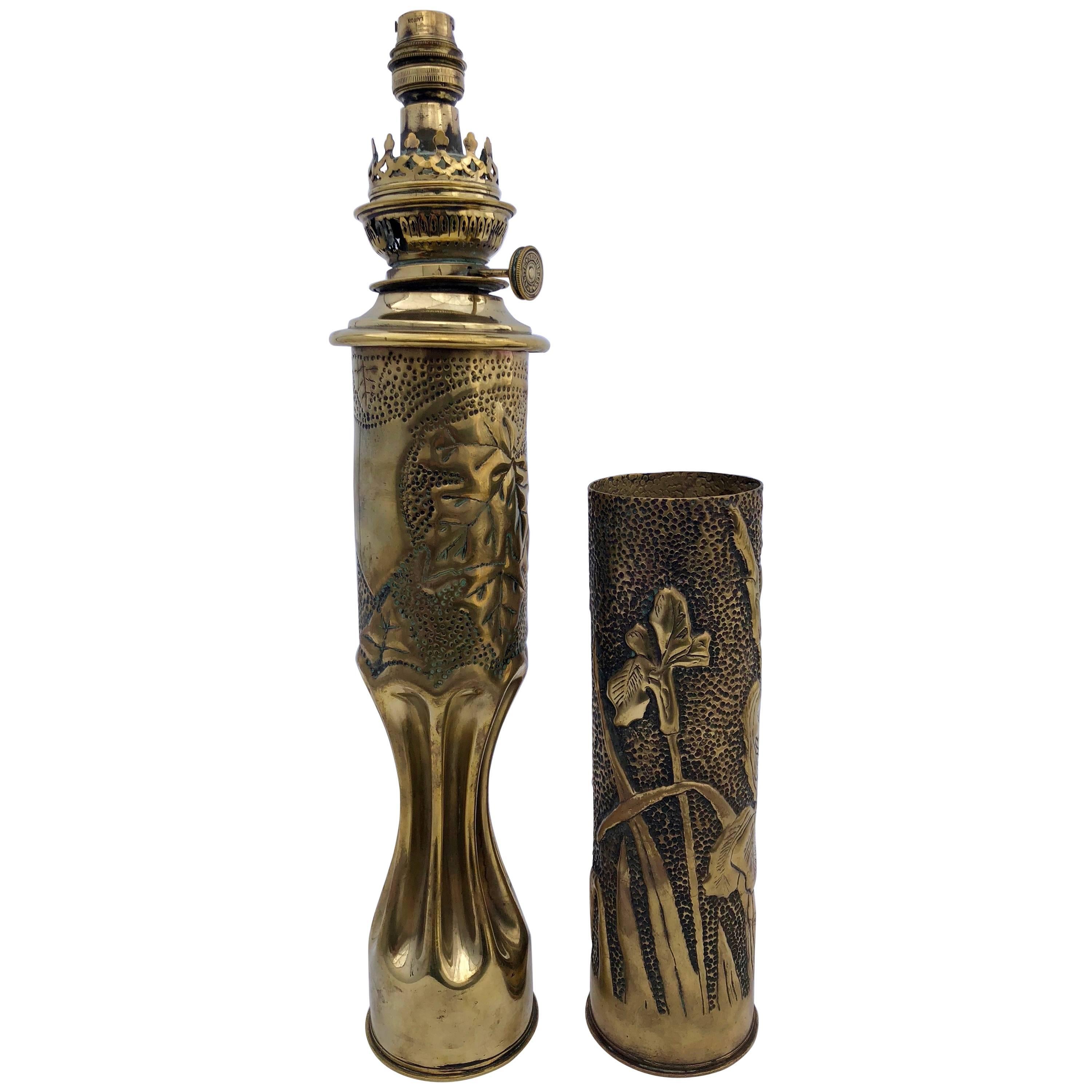 French Trench Art First World War Two Carved Brass Shells One Oil Lamp, One Vase For Sale