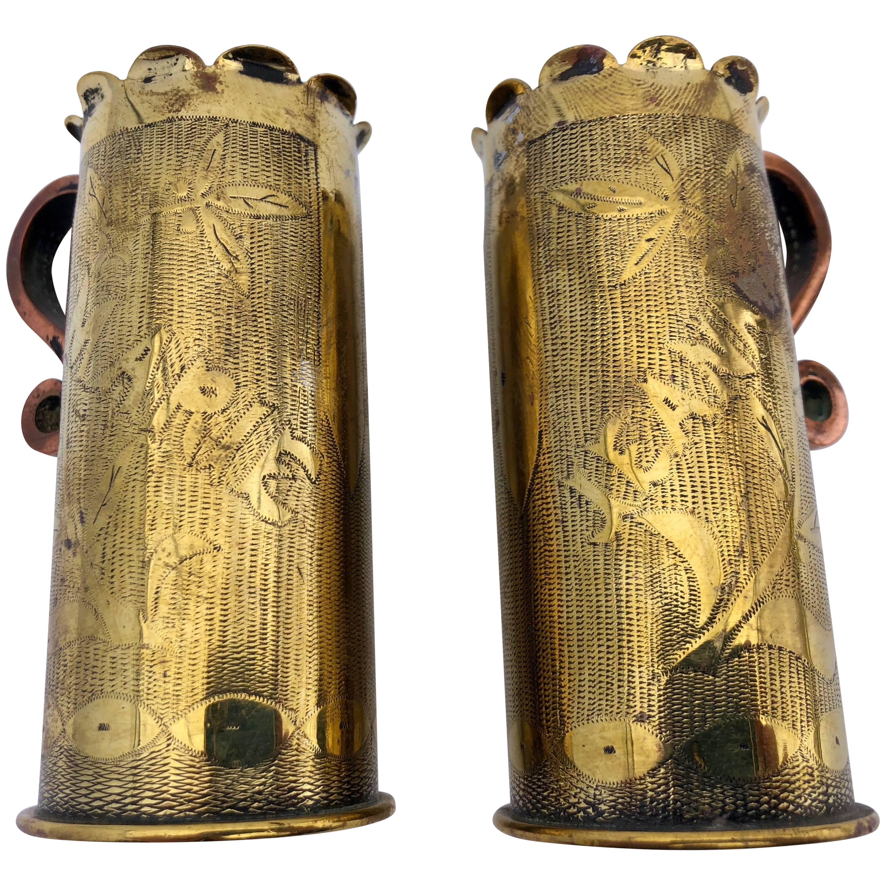 French First World War Trench Art, Two Brass Shells Engraved Names of a Couple For Sale
