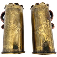 French First World War Trench Art, Two Brass Shells Engraved Names of a Couple