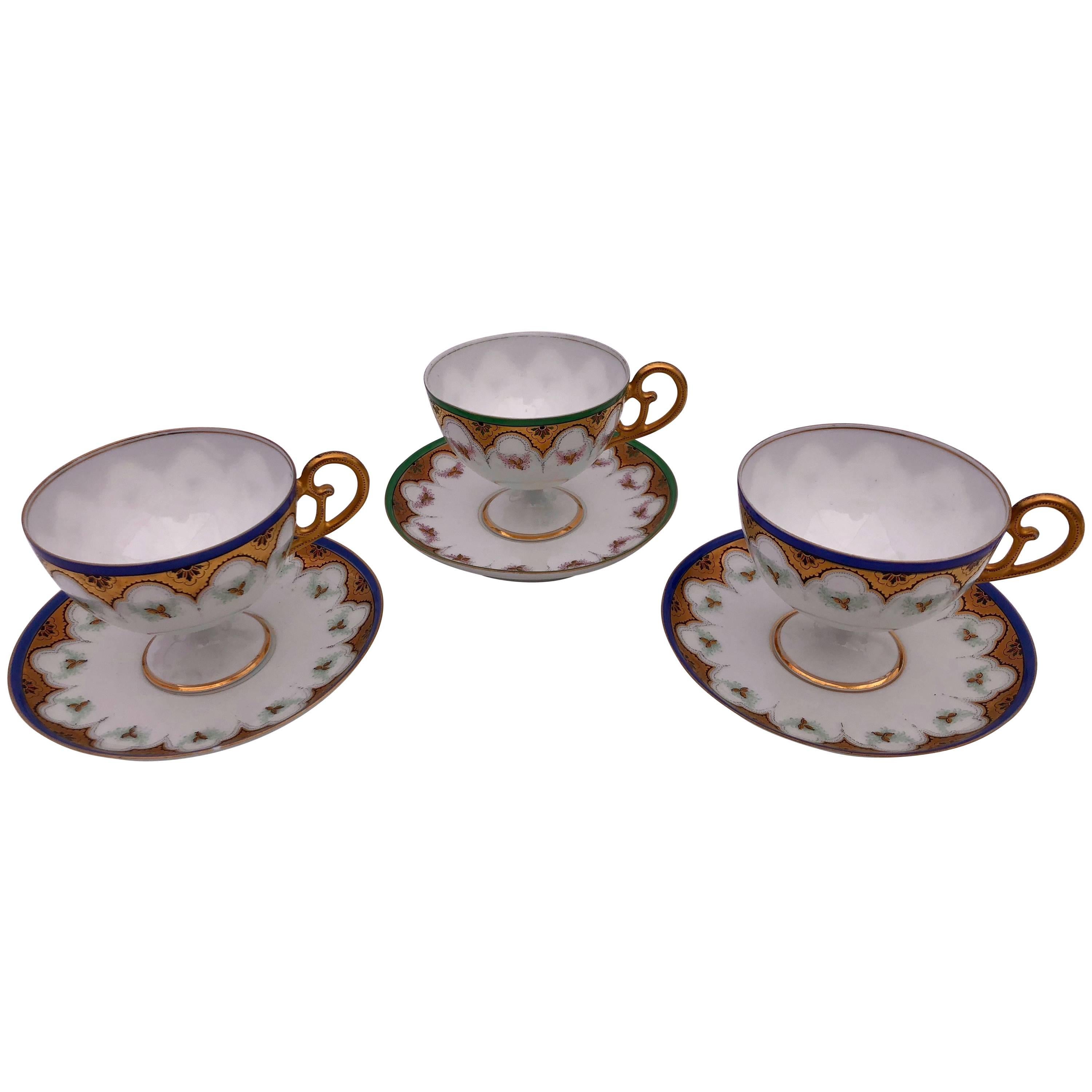 Set of Three Bone China Tea Cups with Pedestal Bottom, Saucers Early 1900s For Sale