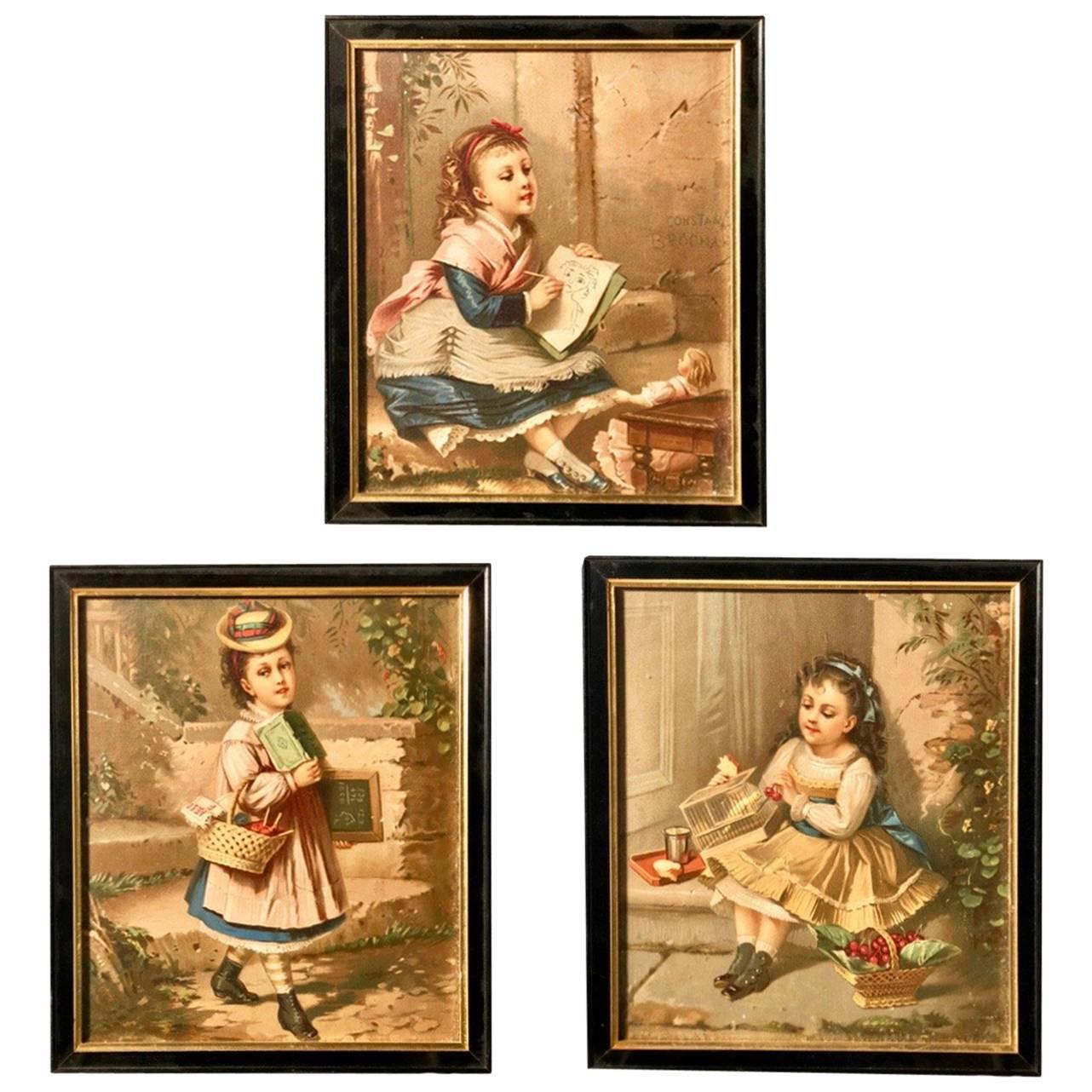 Set of Three Framed French Colored Lithographs of Three Young Girls, Early 1900s For Sale