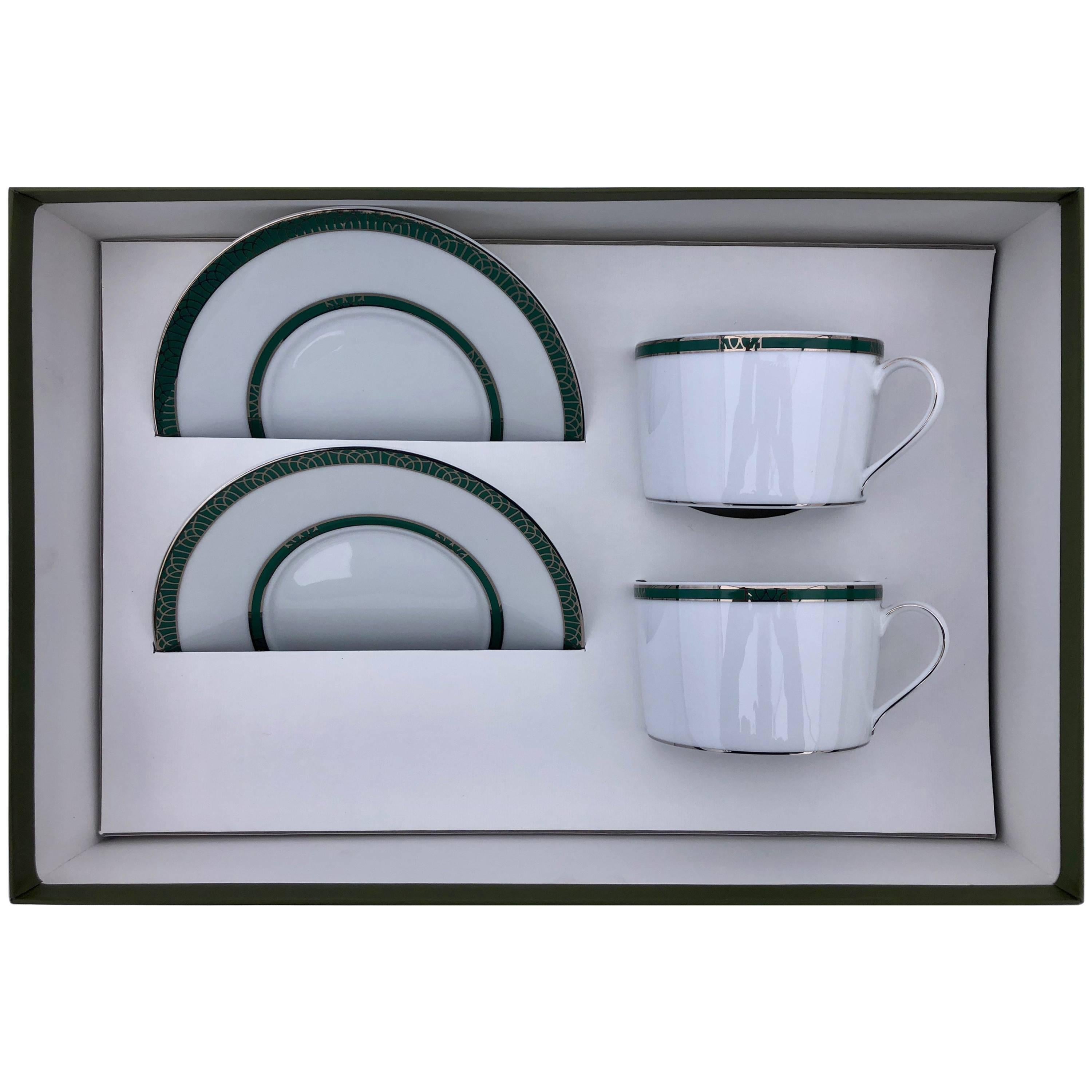 Christofle Porcelain Tea Set for Two, "Tête-à-Tête", Model Talisman, Green For Sale