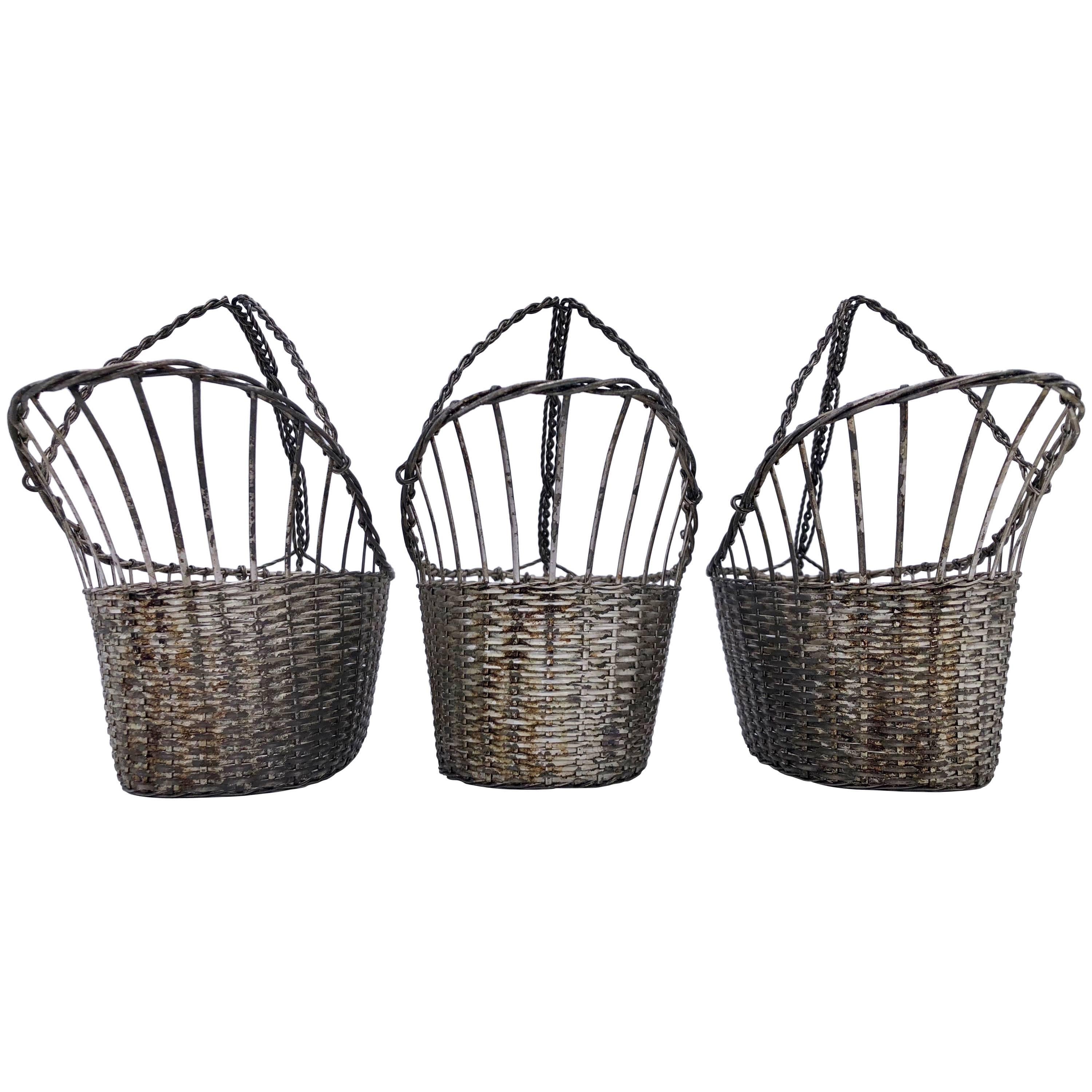 French Woven Metal Basket Bottle Holders Used in a Parisian Restaurant For Sale