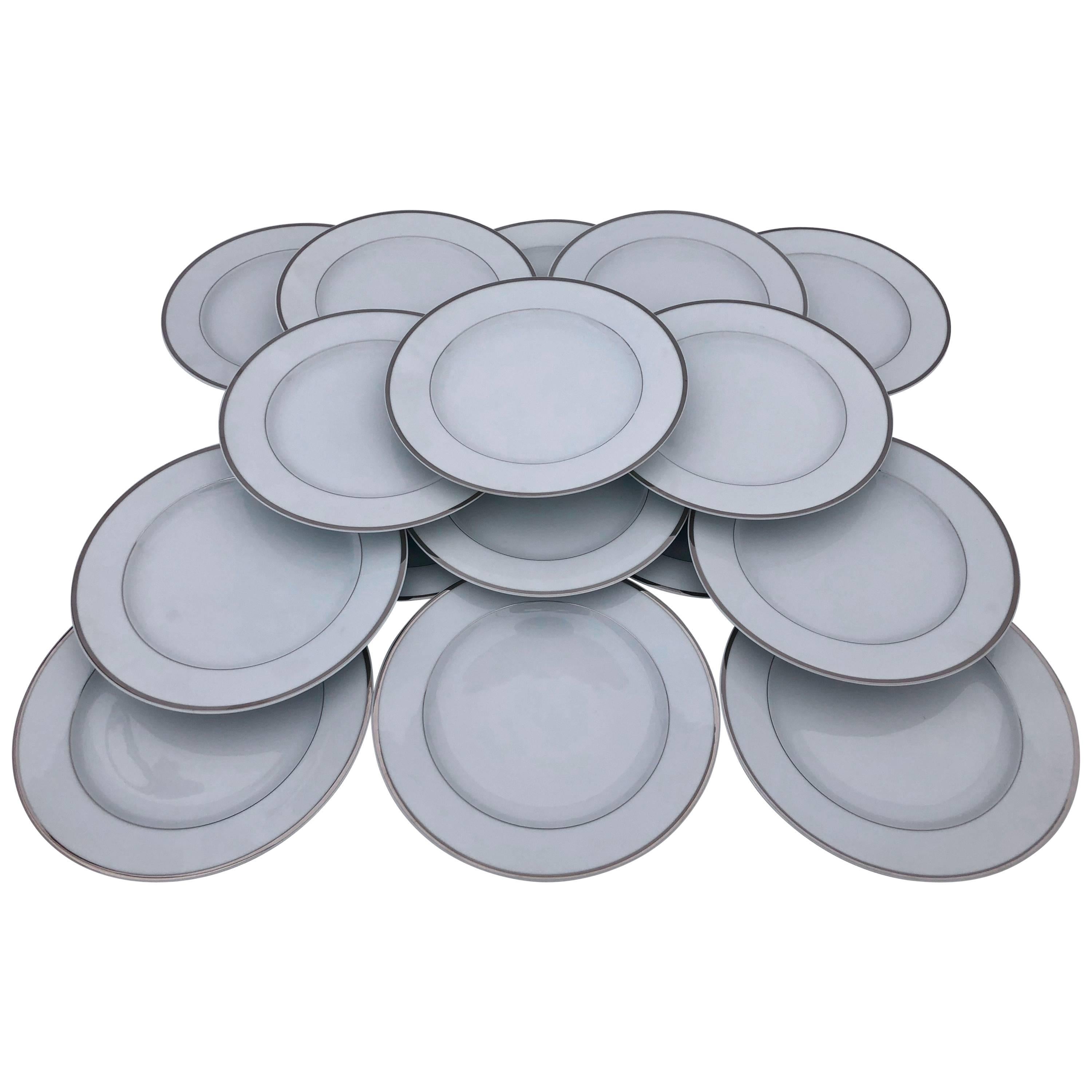 Christofle Porcelain Large Presentation Plates with Silver Banding, Set of 40 For Sale