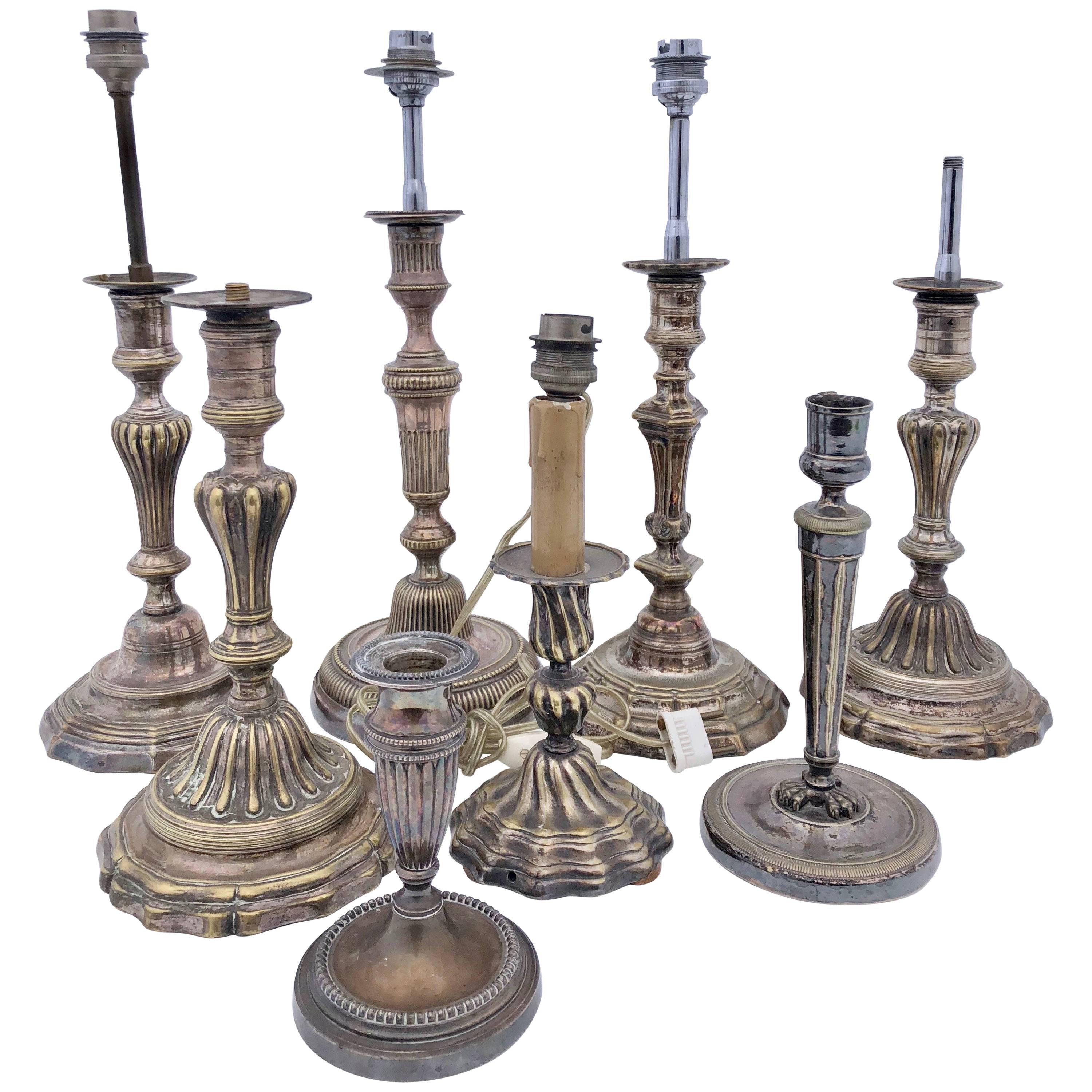 French Plated Silver Lamps, Set of Eight, Former Candlestick Holders For Sale