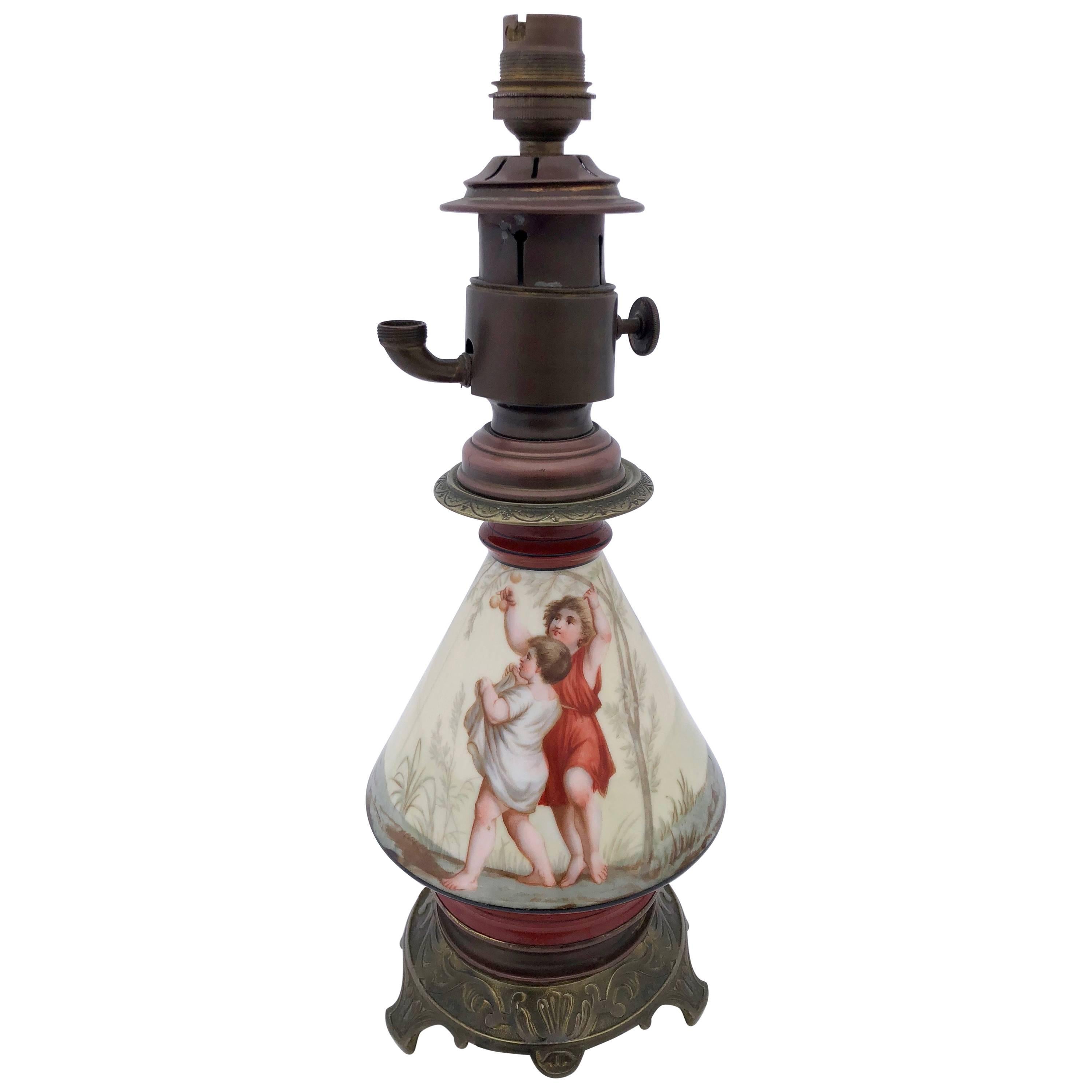 French Antique Porcelain Lamp with Two Hand-Painted Children Scenes, Early 1900s For Sale
