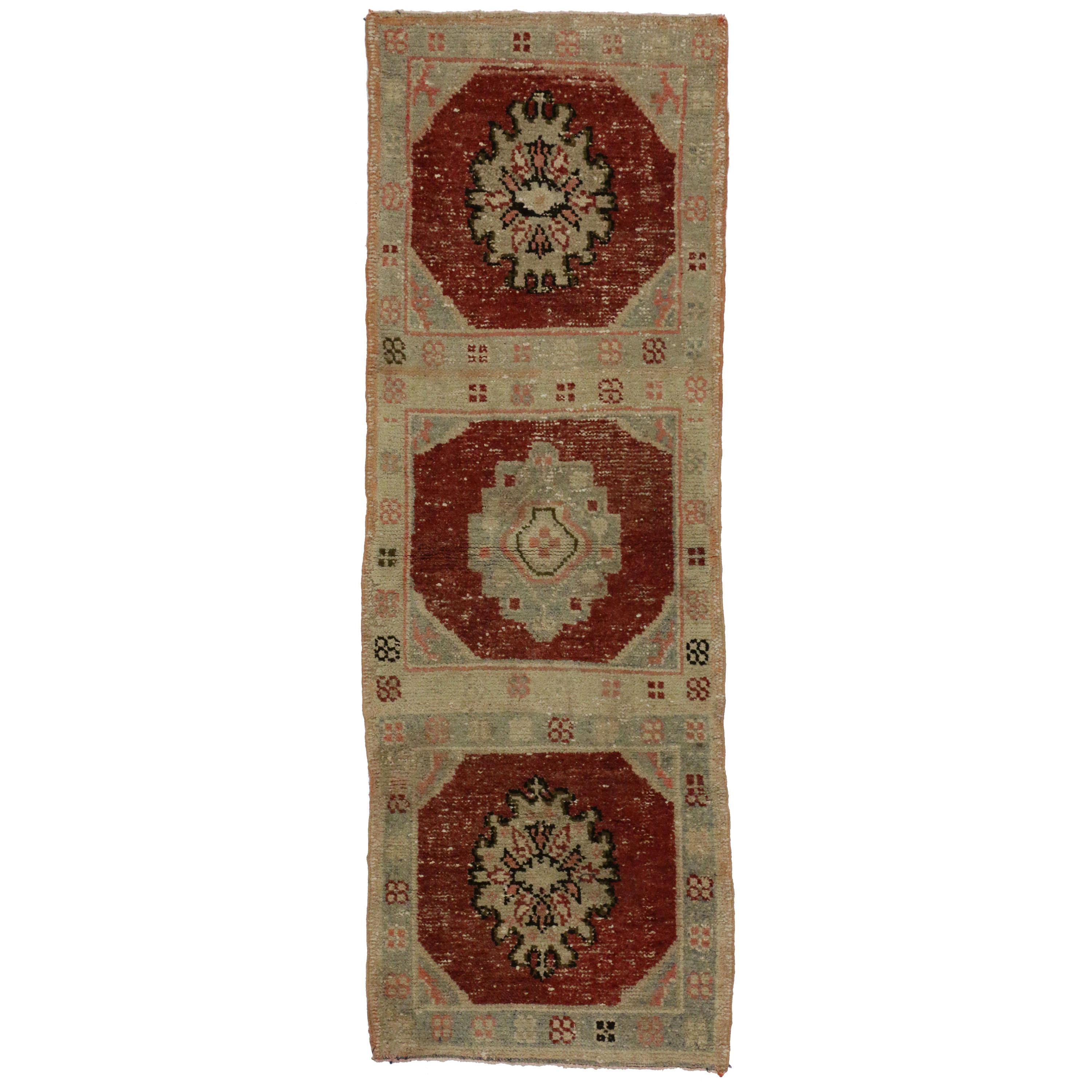 Distressed Vintage Turkish Oushak Runner, Entry or Foyer Rug with Rustic Style