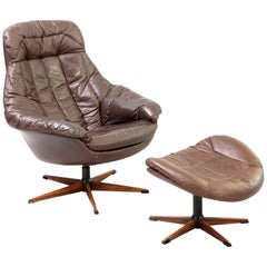Lounge Chair and Stool in Brown Leather, Designer Henry Walter Klein, 1970