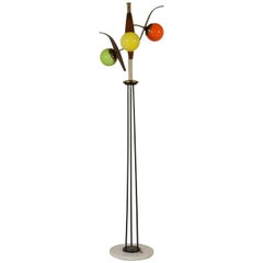 Floor Lamp Metal Brass Teak Marble Colored Glass Vintage, Italy, 1950s-1960s