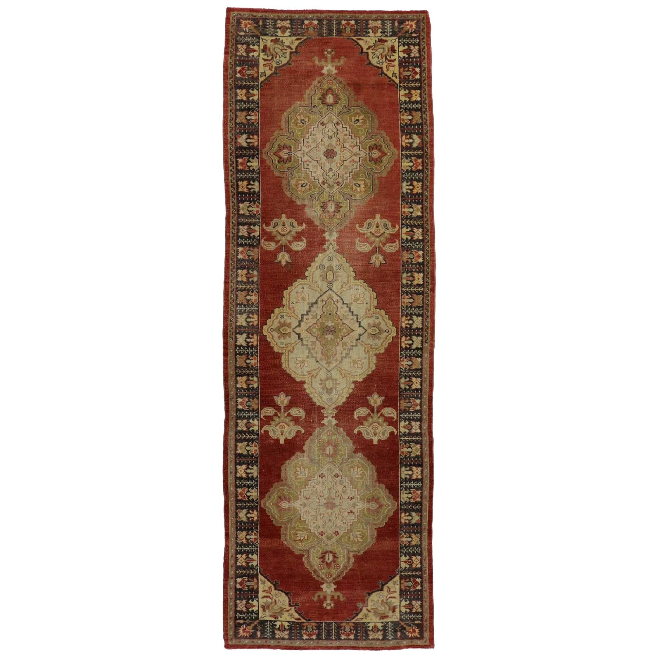 Vintage Turkish Oushak Runner with Traditional Rustic Style, Hallway Runner