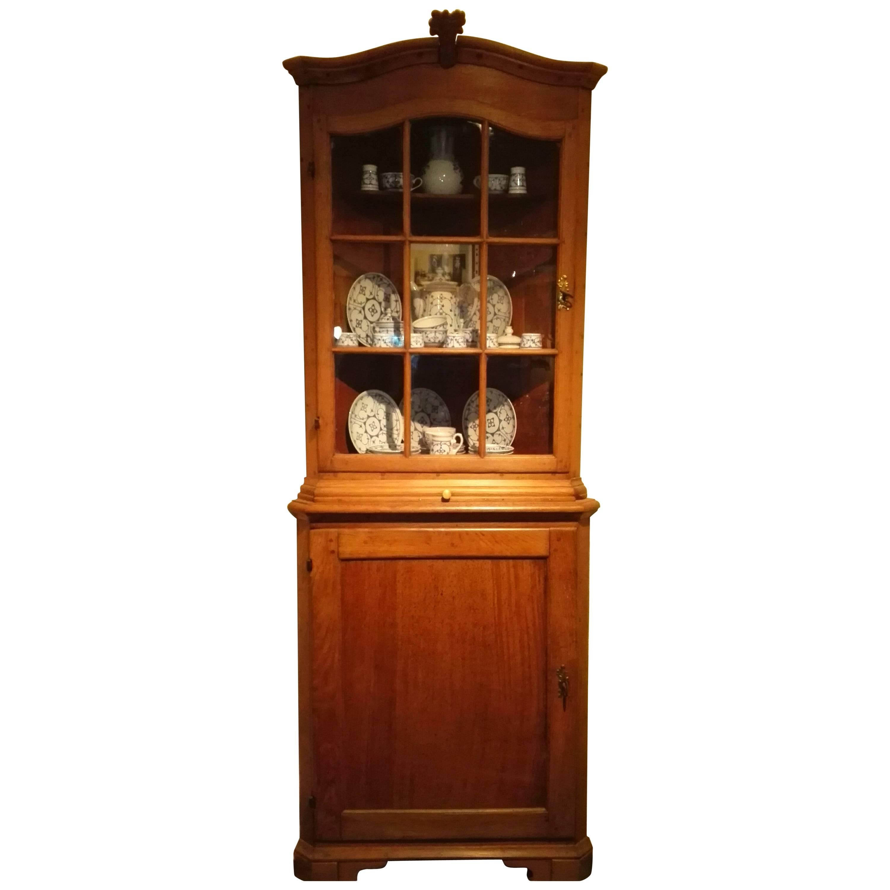 18th Century Rococo Solid Oakwood Two-Door Corner Glass Display Cabinet For Sale