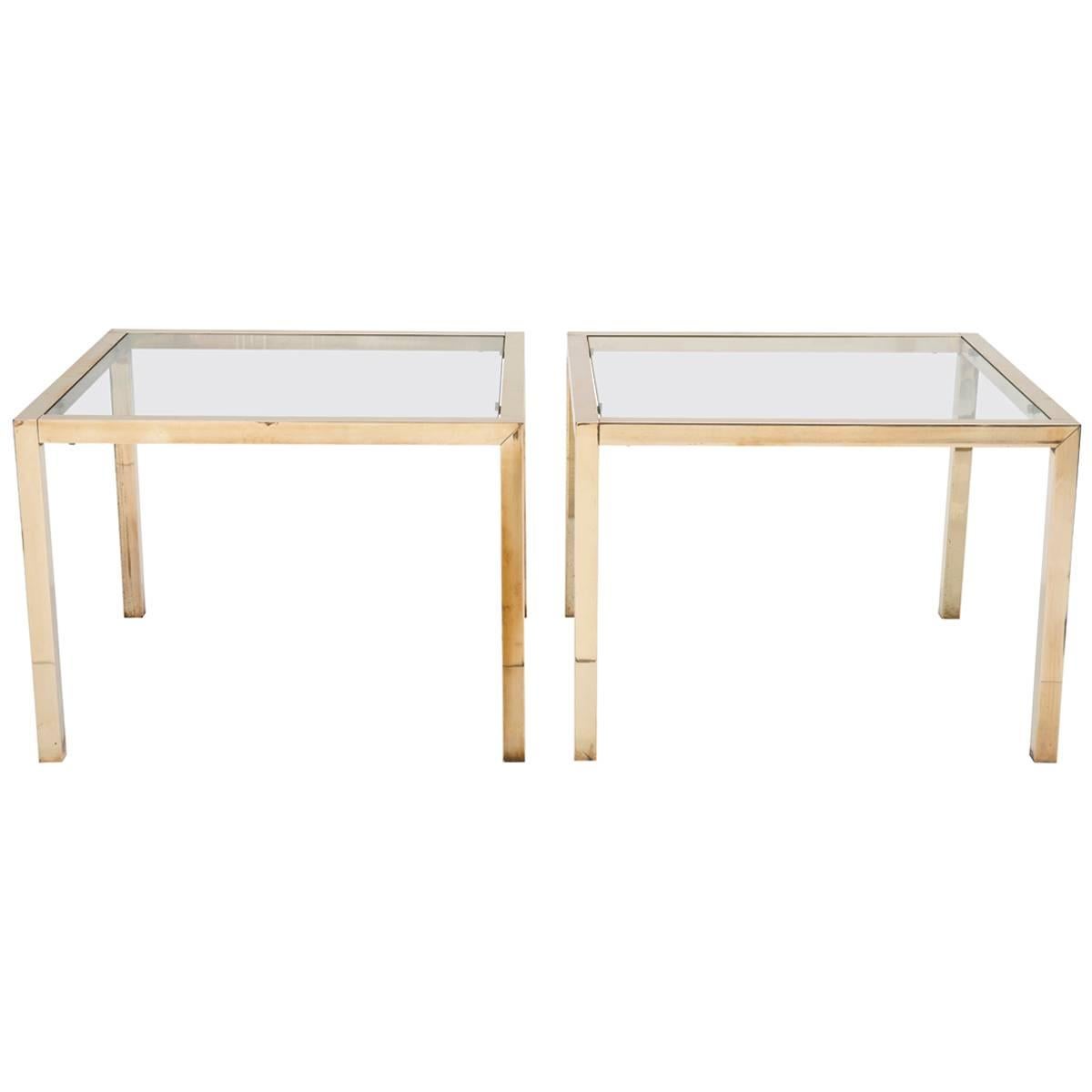 Pair of Brass Side Tables with Clear Glass Tops For Sale