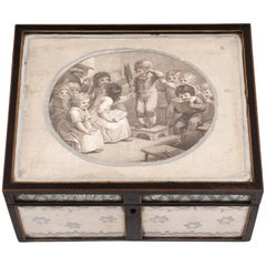 Sewing Box Antique Glazed Reverse Mirror Naively Decorated, 19th Century
