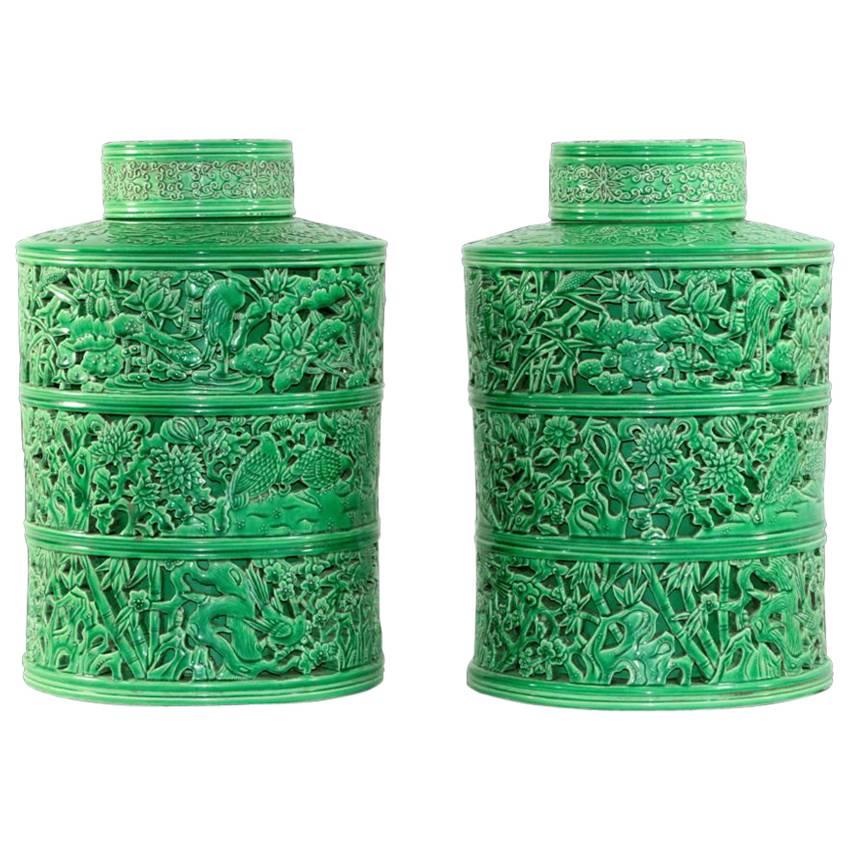 Pair of Qing Dynasty Jade Green Pierced Dolomite Porcelain Temple Storage Jars For Sale