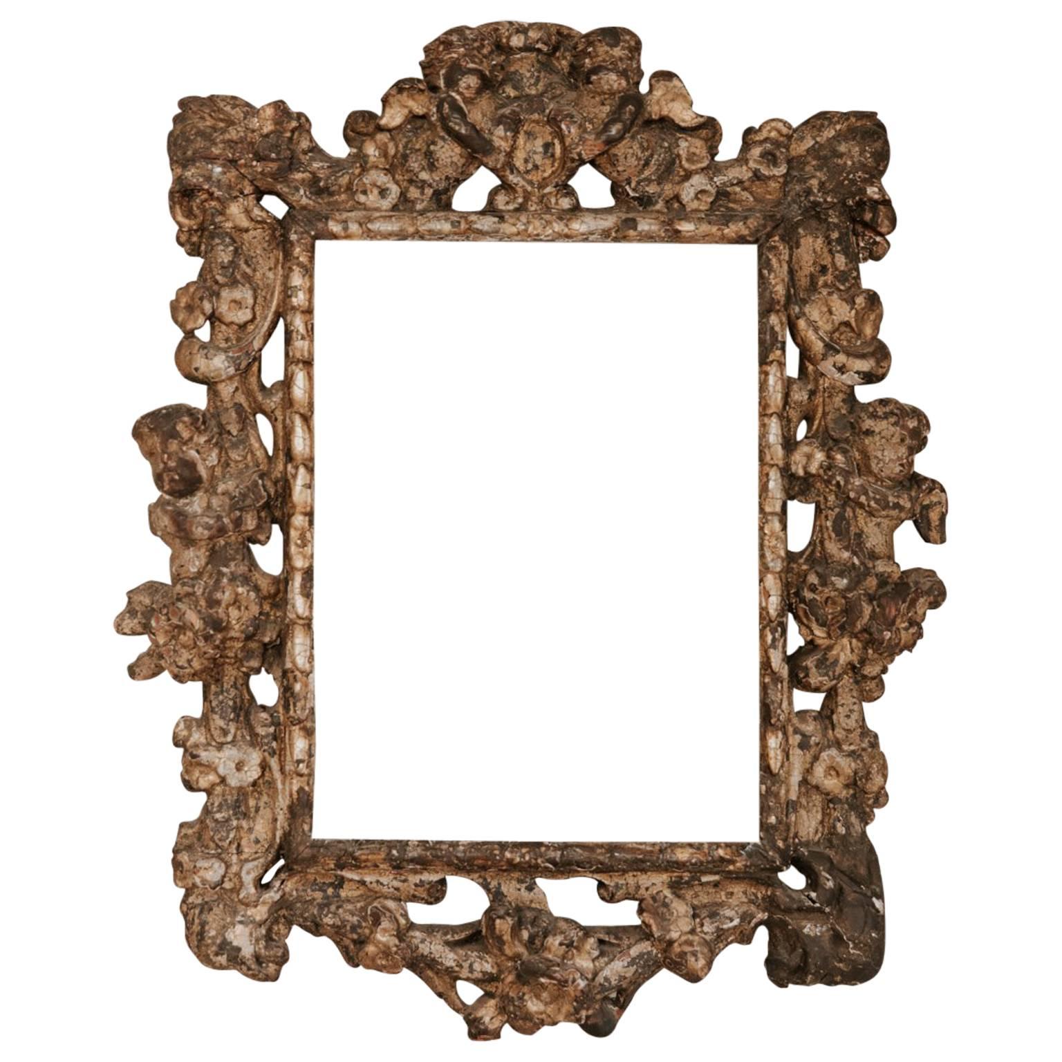 18th Century Gilt Wooden Frame, Carved Angels and Flowers