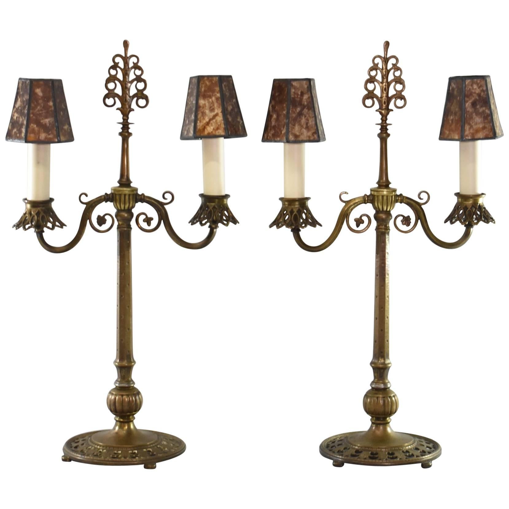 Pair of Bronze Candelabra Style Buffet Lamps by Oscar Bach For Sale