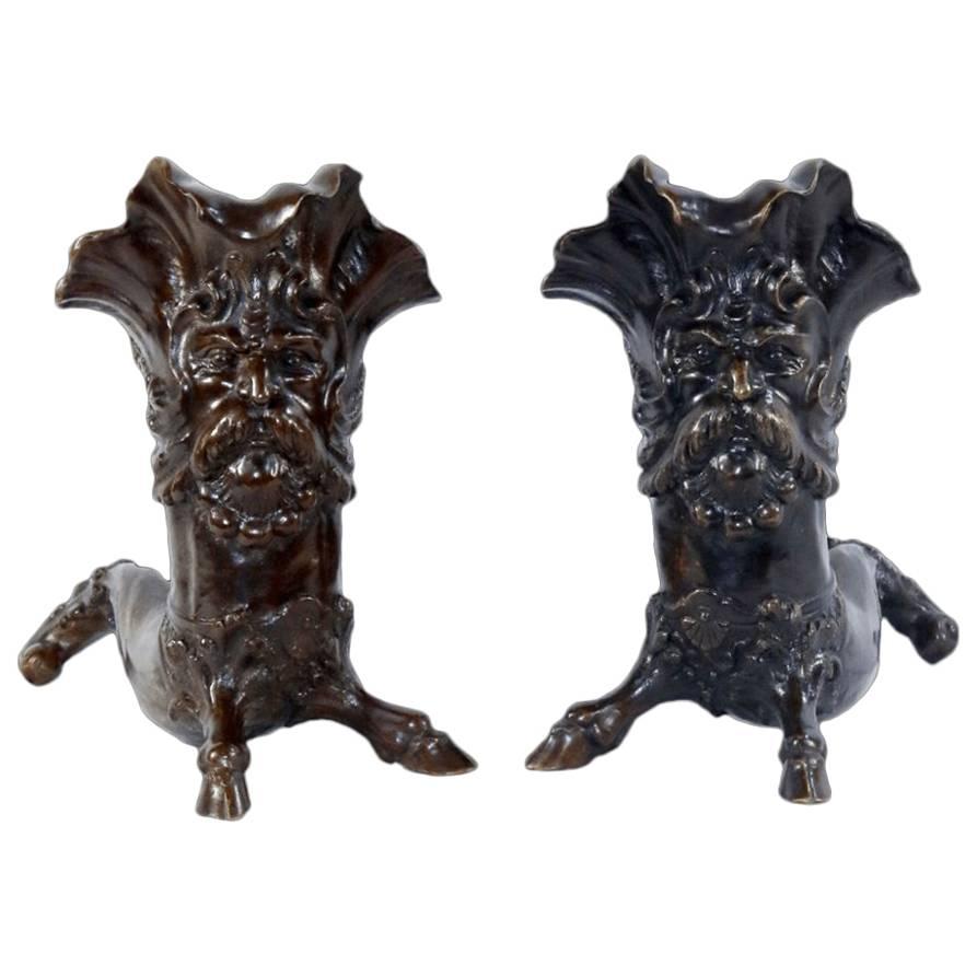 Pair of Horn-Shaped Mirror Image Continental 19th Century Bronze Centaurs For Sale