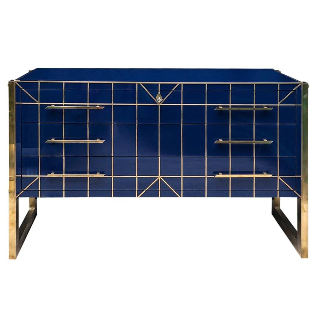 Blue Opaline Glass Italian Chest of Drawers with Brass Fittings, 1970s